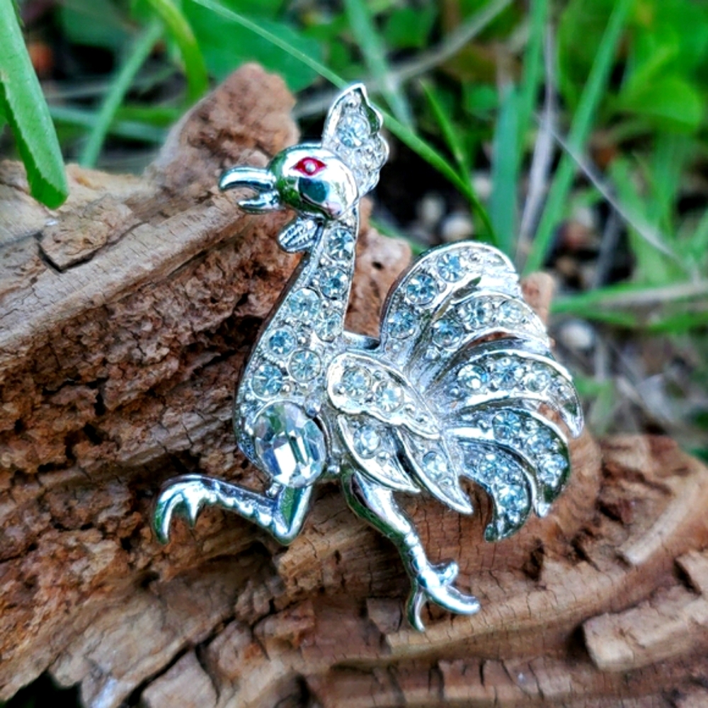 Vtg High End Art Deco Era Rhodium Plate Rhinestone Rooster Figural Brooch Pin